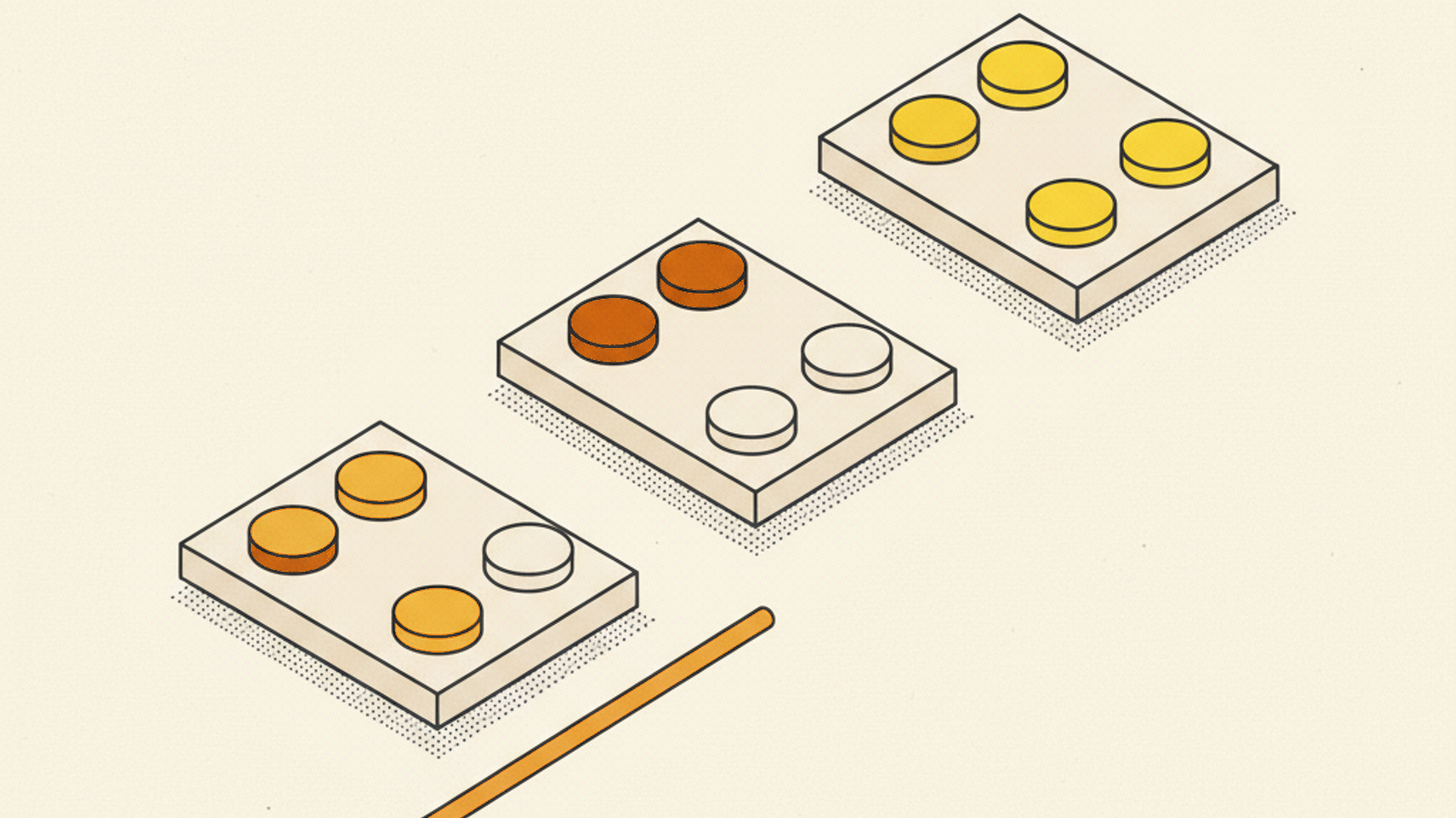 Three small pale slabs in a staggered row, each carrying four round tokens in different mixes of amber, orange and blank pale, with a thin amber rod lying on the paper at the lower left
