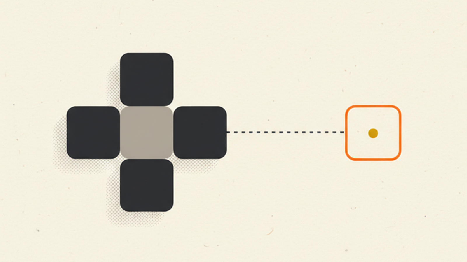 Five rounded square tiles in a tight plus-shaped cluster of charcoal and grey, joined by a dotted line to one separate orange-outlined tile holding a small amber dot, on a warm off-white field