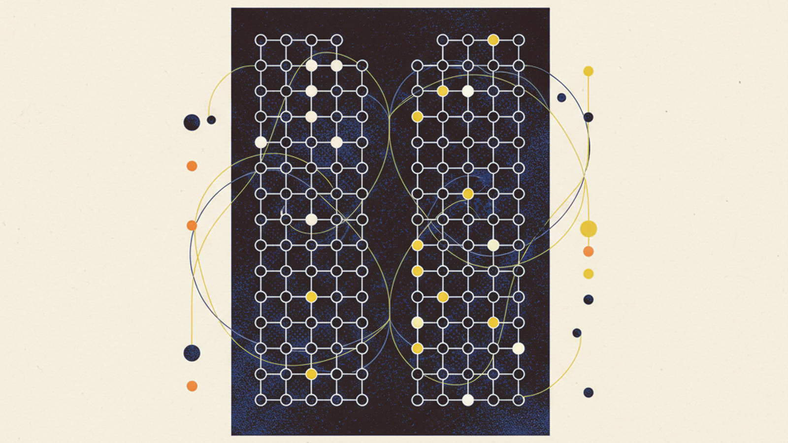 Two columns of floating spheres, one loosely scattered and one in a precise grid, bridged by thin arcing lines