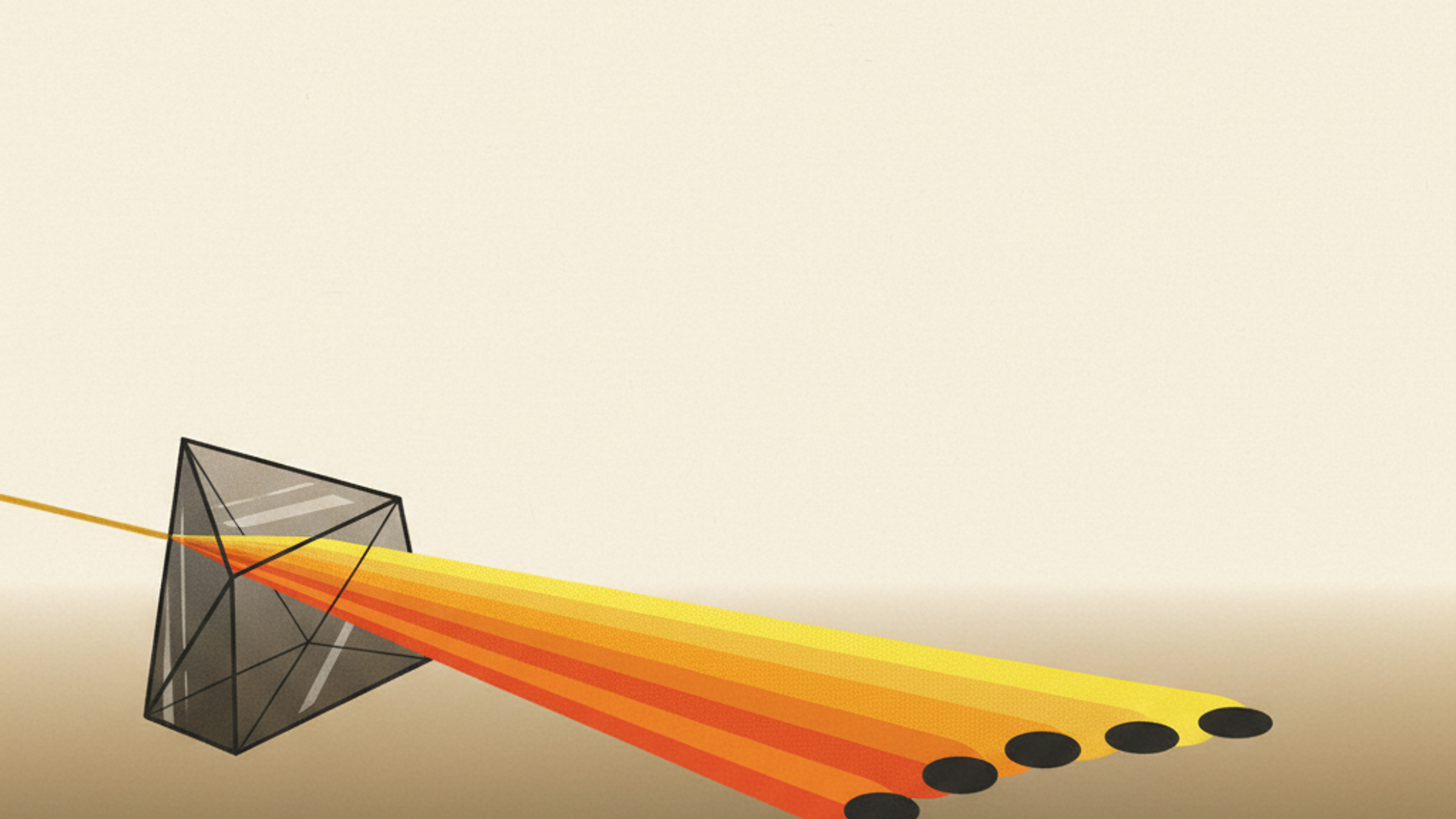 A single amber beam entering a dark glass prism and splitting into five soft light bands of different widths, fanning across a pale sand field to five small dark discs, with the yellow band brighter than the rest