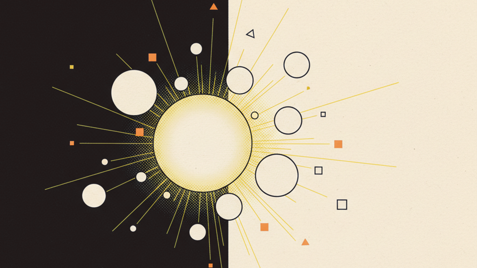 Translucent circles of varying sizes connected by thin amber luminous threads to one larger glowing central circle in a warm dark field