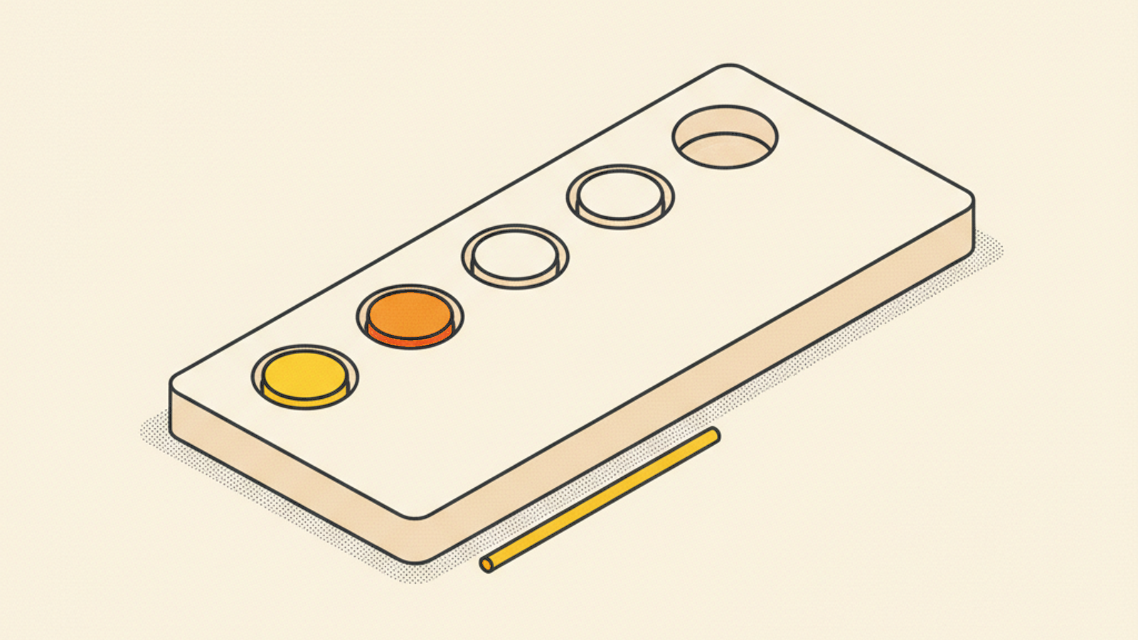 A long pale slab with a single row of five round wells, the first holding an amber token, the second an orange token, the third and fourth blank pale tokens and the fifth left empty, with a thin amber rod lying on the paper in front of it