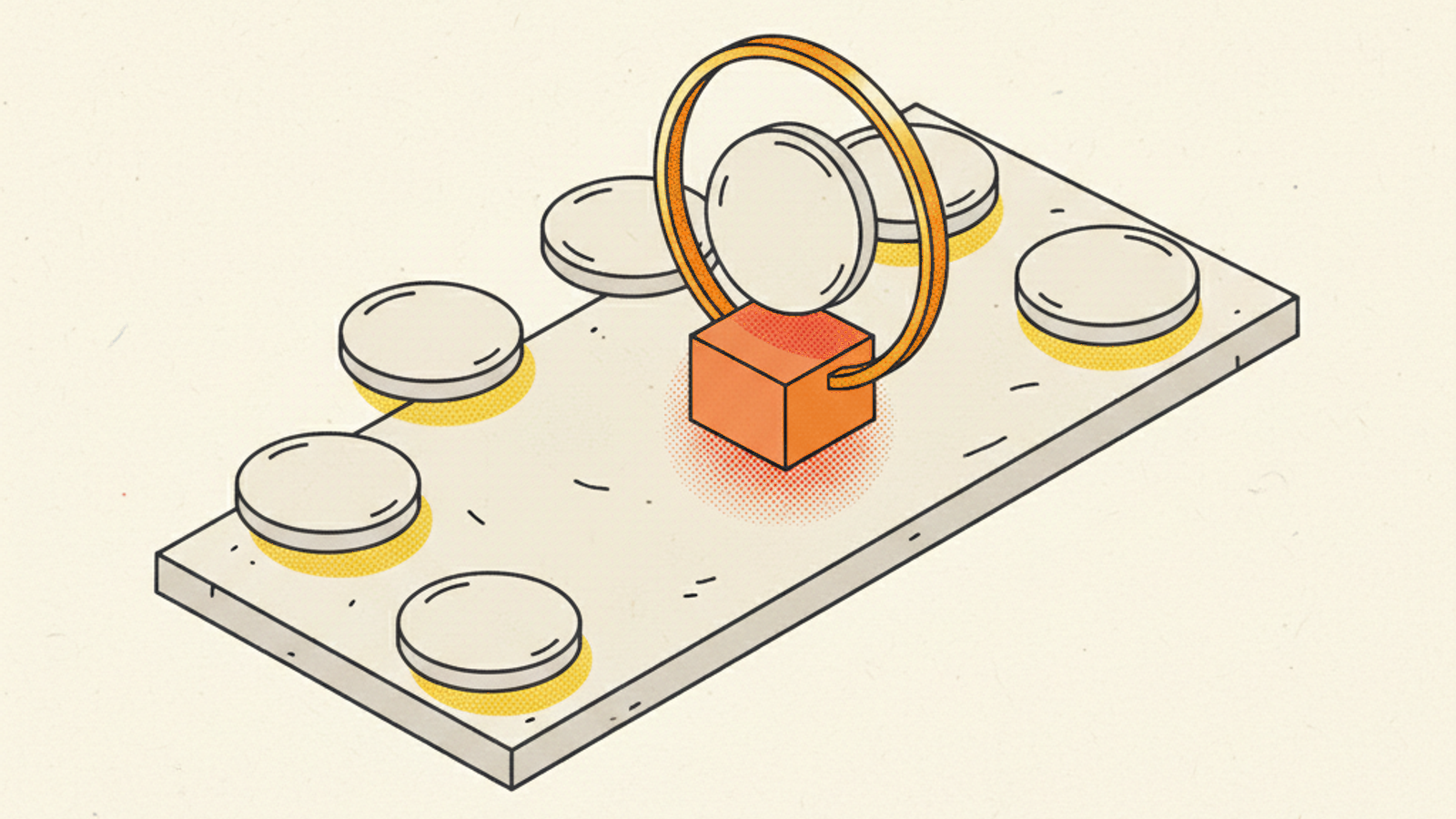 A pale-stone slab with a loose ring of blank pale tokens around a terracotta cube that holds one upright token inside a thin brass hoop