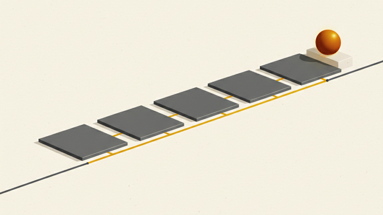 Five flat graphite tiles of equal size laid in a straight line on a warm ivory field, joined by one thin amber line, with an orange sphere resting on a low pale-stone block beside the last tile