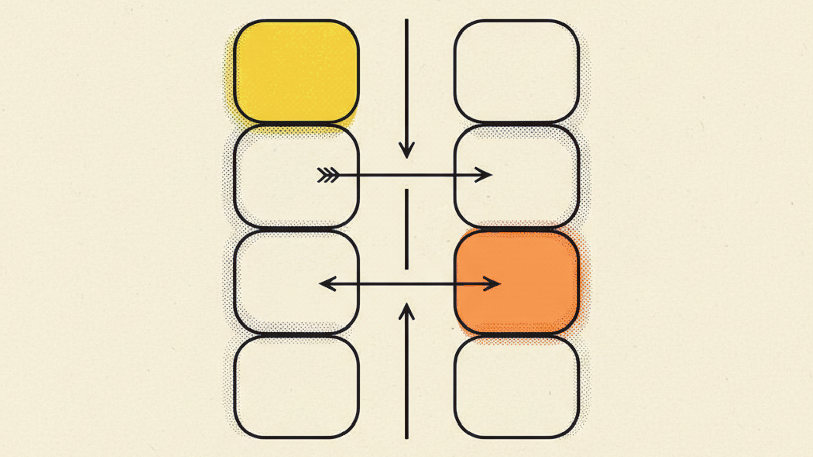 Two facing vertical columns of stacked rounded rectangles separated by a center divider, with two arrows crossing between them