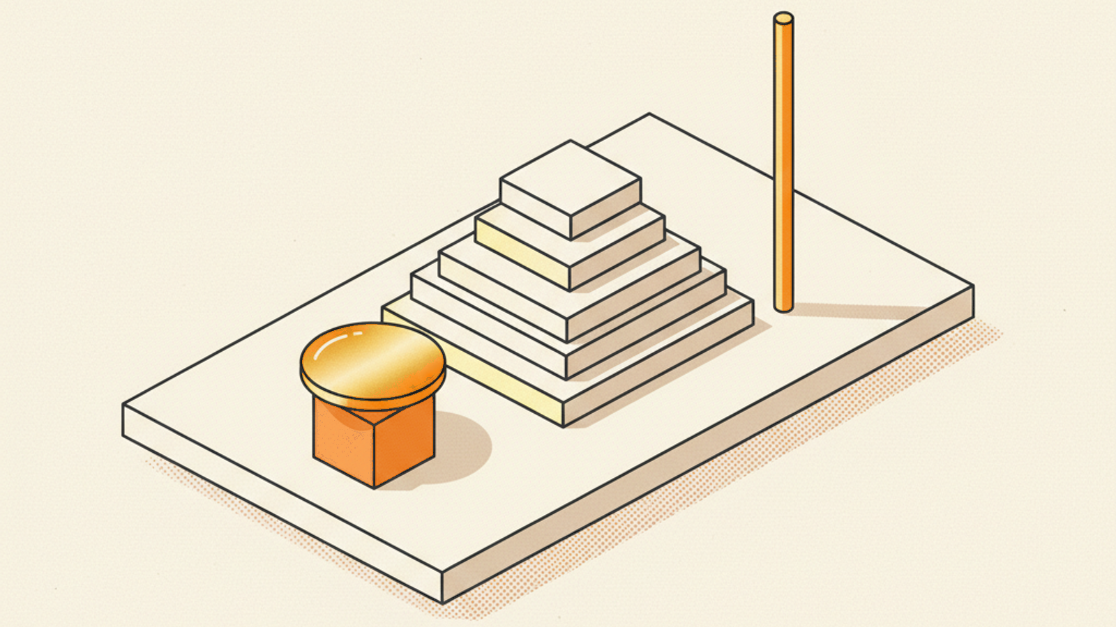 A pale-stone slab holding a stack of five blank tiles that narrow toward the top, a thin upright brass rod behind it and an amber disc on a terracotta cube at the front