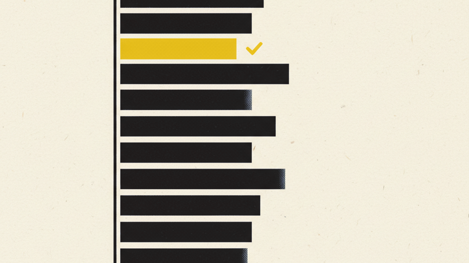 A vertical stack of twelve thin horizontal bars of graduated length aligned to a single left rule, with one amber gradient bar carrying a small check-mark tick