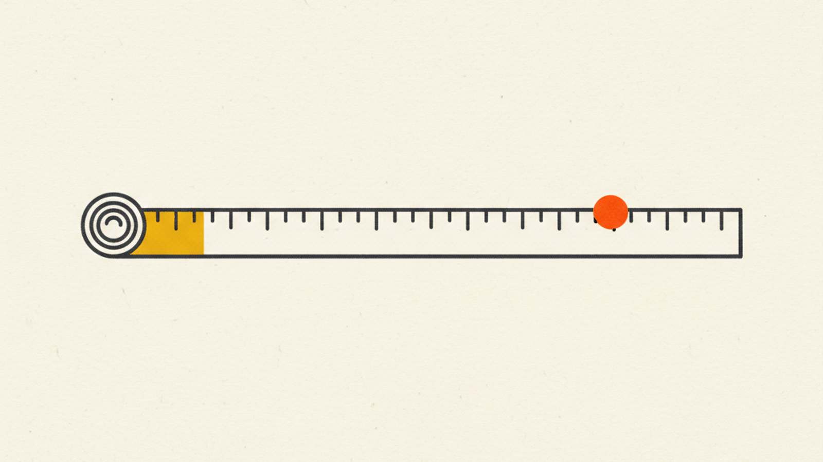 A thin charcoal measuring strip with plain tick marks unrolling from a small coil, its first short segment filled amber and a single orange dot resting further along the strip, on a warm off-white field