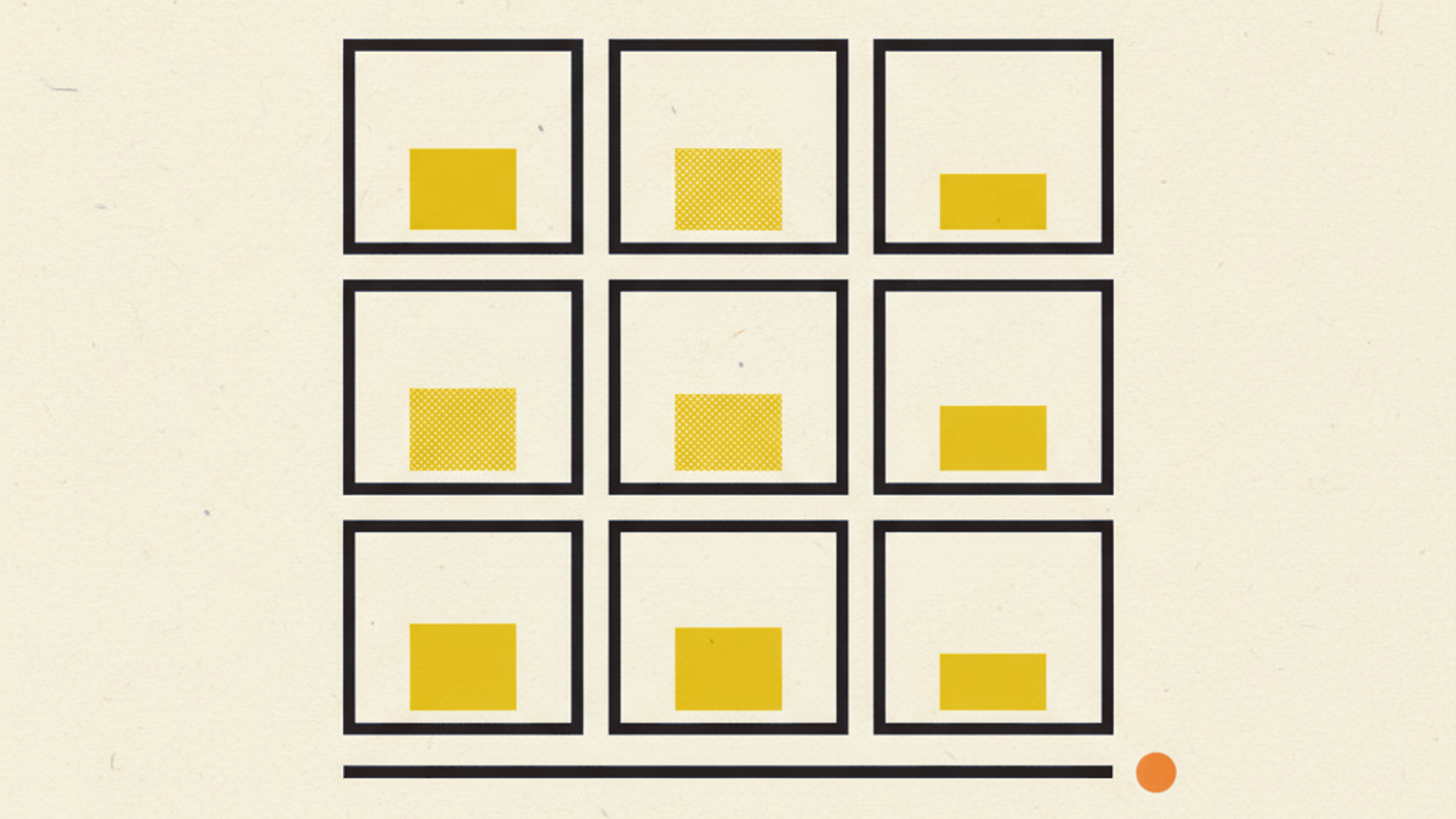 A three-by-three grid of nine equal squares, each filled to a different level with amber gradient, like a row of small gauges