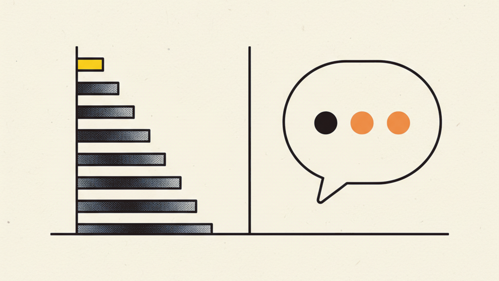 A thin vertical ladder of stacked horizontal bars on the left facing a large rounded speech bubble on the right, separated by a slim center divider