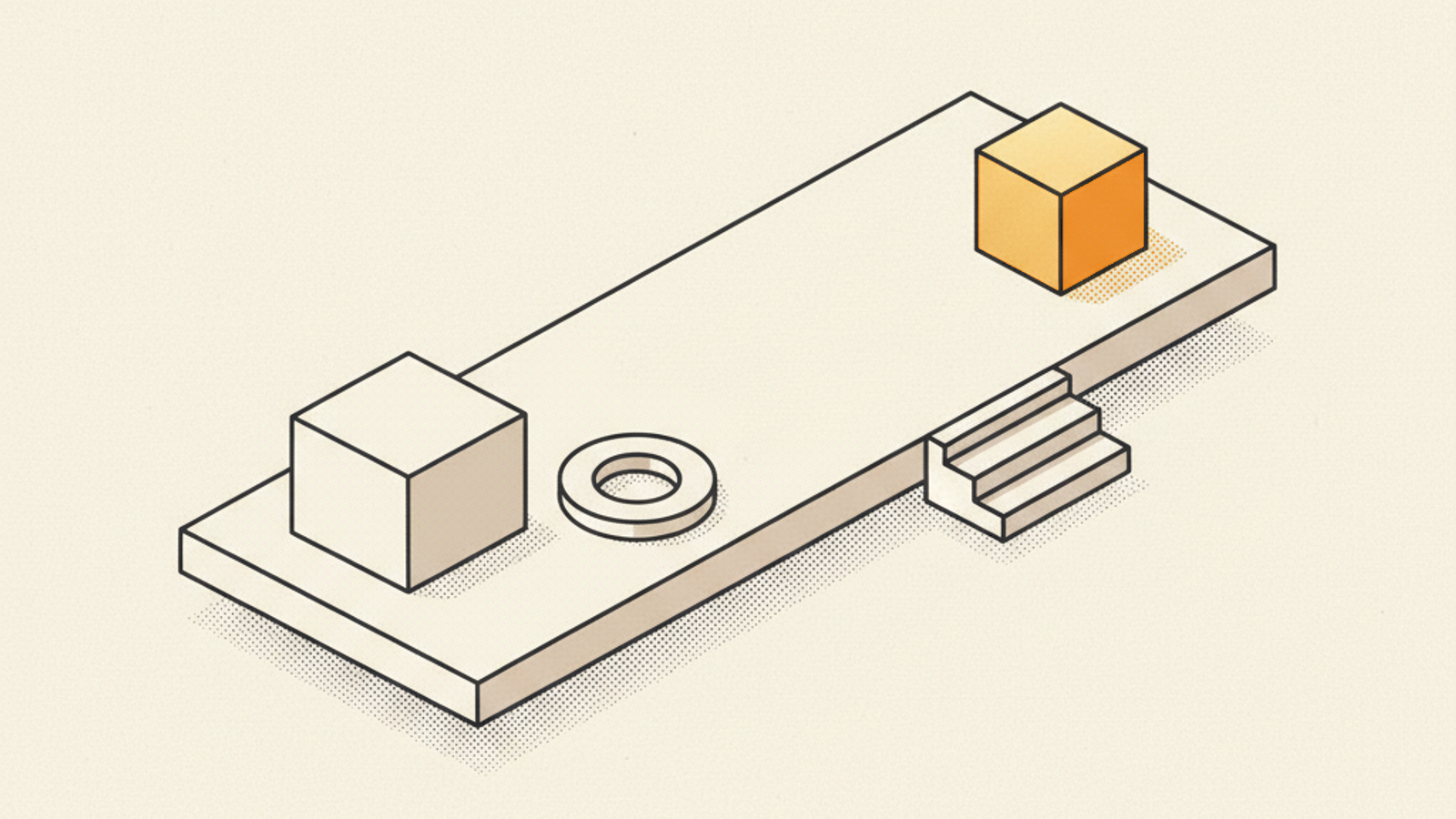 A wide pale slab with a blank block and a blank ring at the left, three small blank steps along the front edge, and a single amber cube at the right end