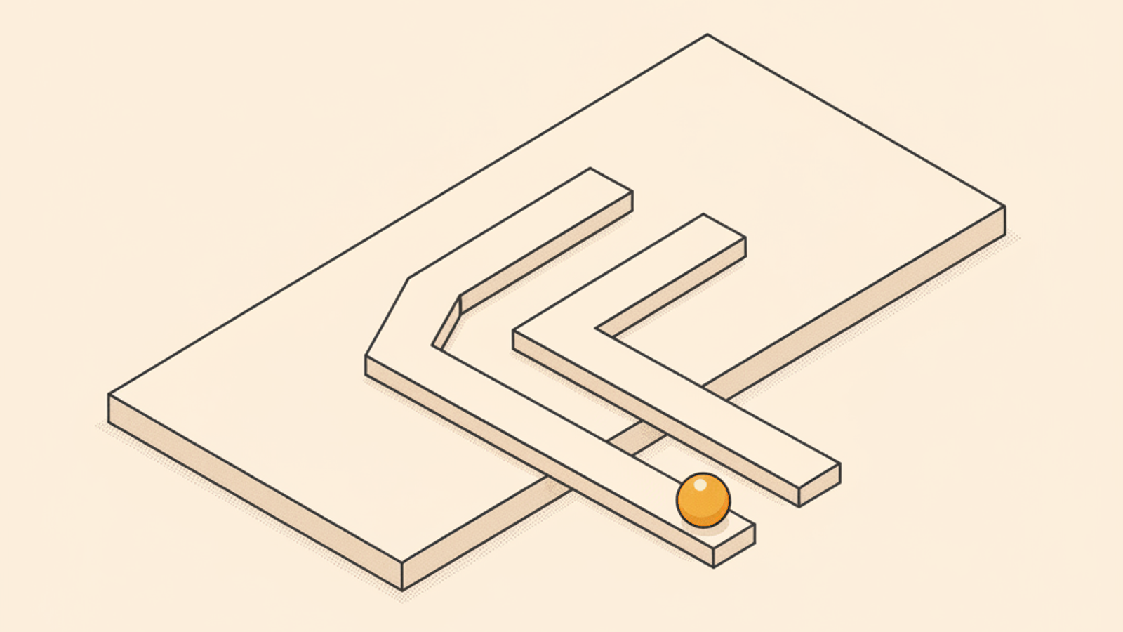 A pale slab crossed by two blank raised pathways that bend in different directions, with a single amber sphere resting at the end of one of them