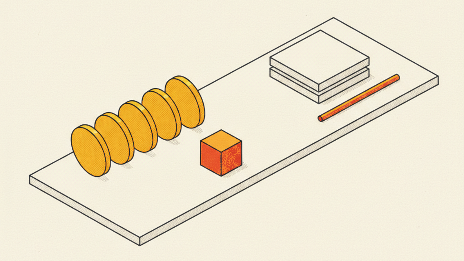 A long pale slab with a row of five amber discs standing on edge at the left, a terracotta cube in the middle, and a stack of two blank tiles with a thin orange rod beside it at the right