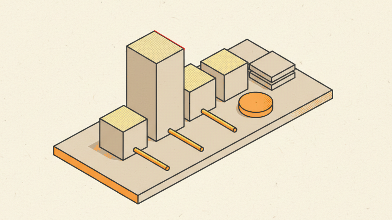 Four blank stone blocks of different heights in a row on a pale slab, each with a short brass rod in front of it, and a short stack of blank tiles with an amber disc beside them