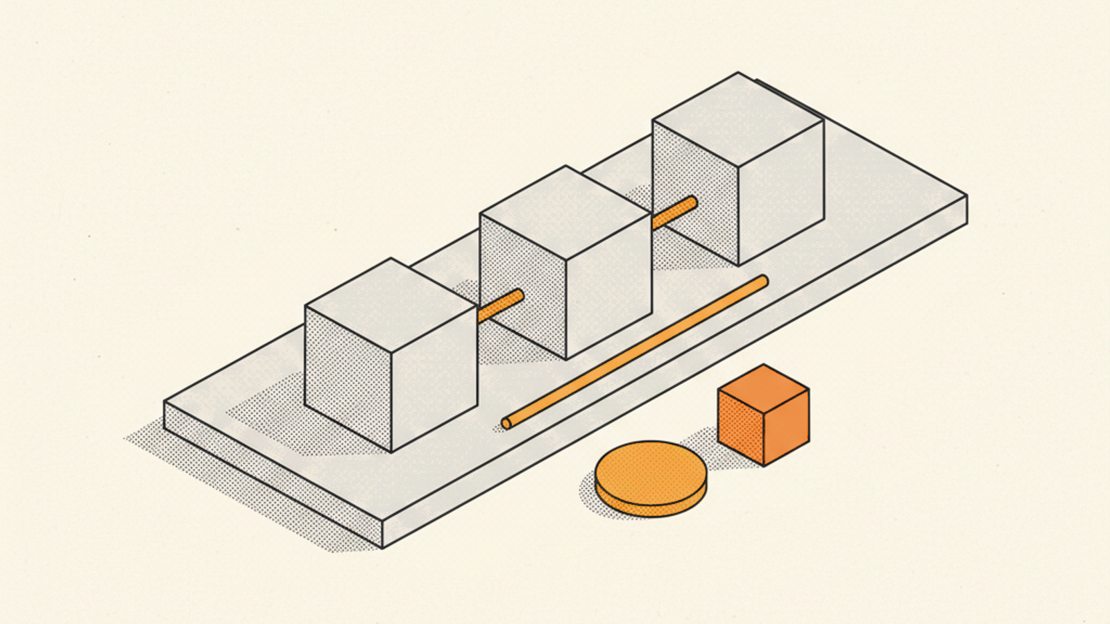 Three equal blank stone cubes in a row on a pale slab, with short brass rods between them and one longer rod beside the row, and an amber disc and a terracotta cube resting off the front edge