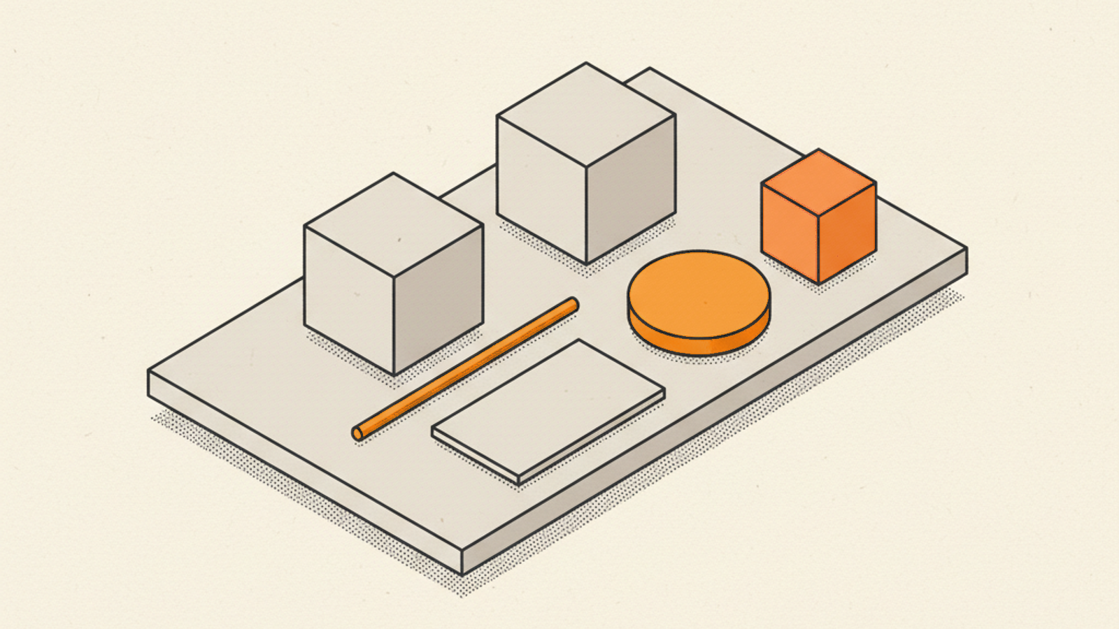 Two equal blank stone cubes side by side on a pale slab, with a flat blank tile and a brass rod in front, an amber disc and a small terracotta cube beside them