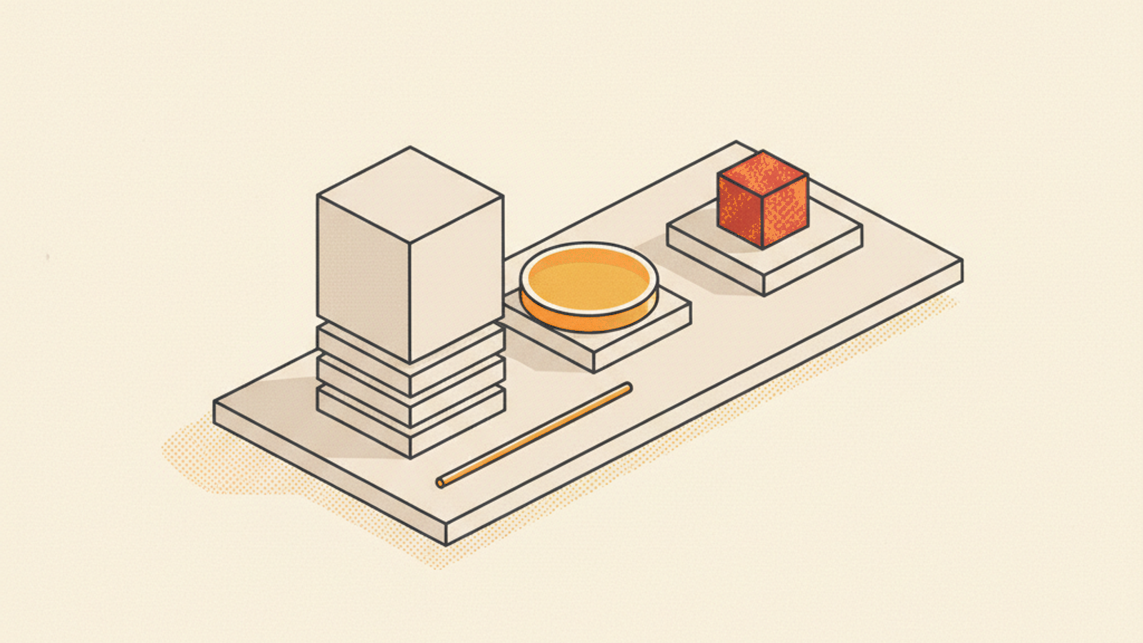 A long pale slab holding a tall stack of blank tiles with a large blank block on top at the left, a low square tile carrying a shallow amber disc in the middle, a second low tile carrying a red cube at the right, and a thin amber rod lying along the front