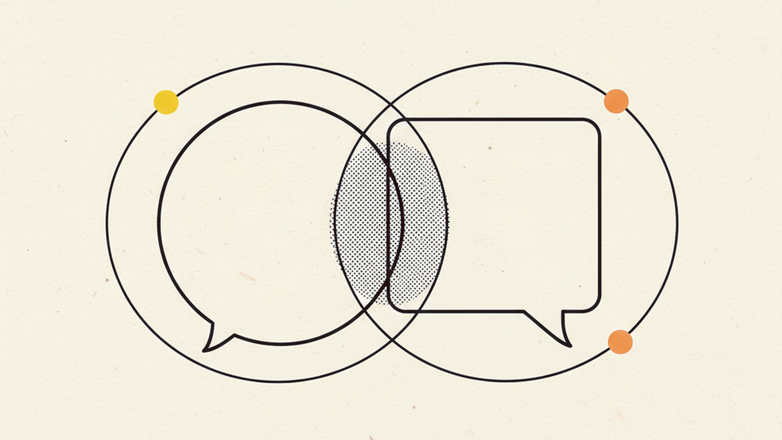 Two overlapping rounded speech bubbles of different shapes, one circular and one squared, each ringed by a thin orbit line with a small dot satellite