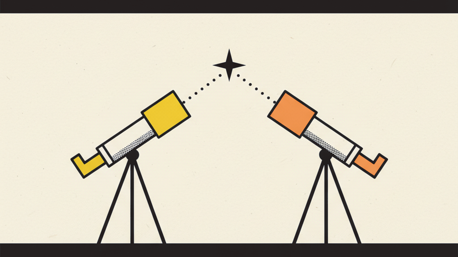 Two thin-line telescopes on tripods facing each other, each aimed upward at the same single star between them