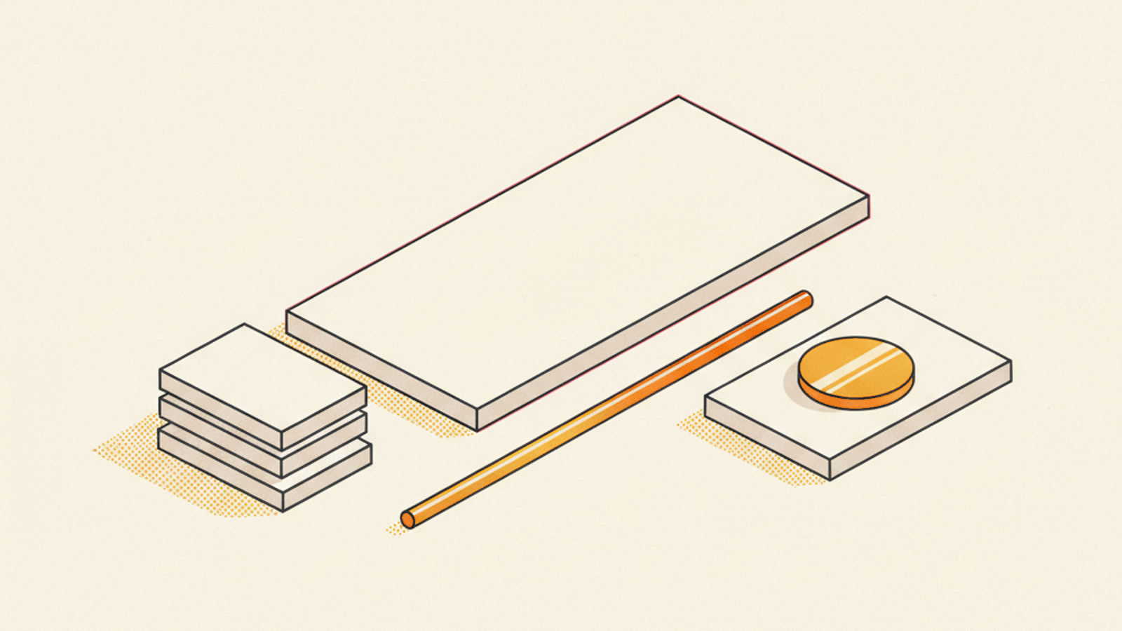 A long pale slab with a small stack of blank tiles on its left, a gap crossed by a thin amber rod, and a single amber disc resting on a low tile at its right end