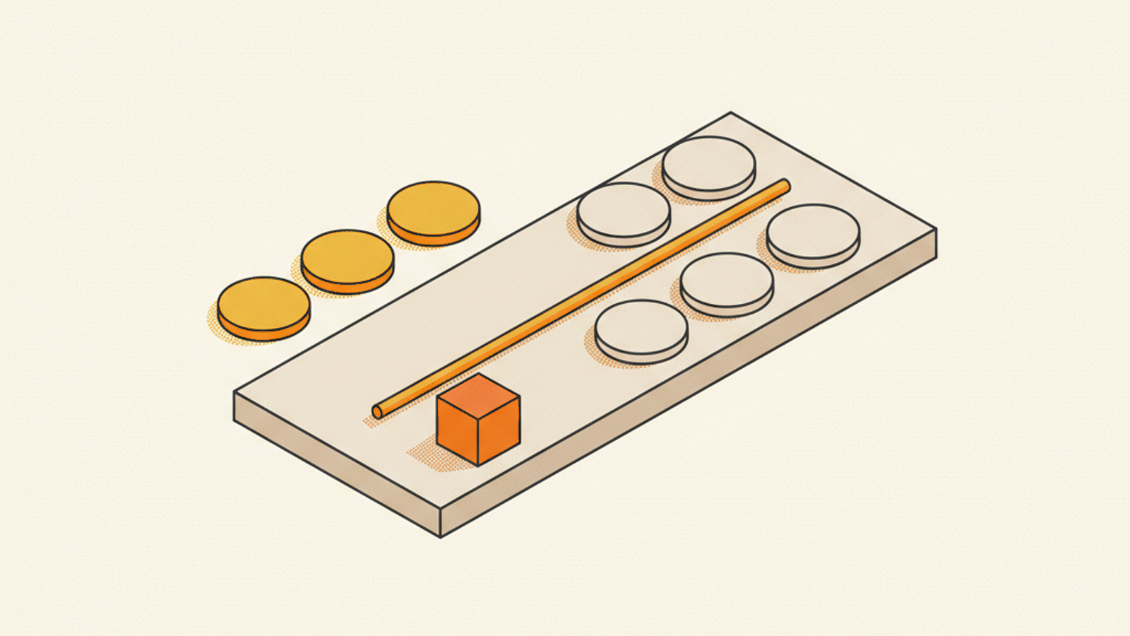 A long pale slab holding five blank pale round tokens on its right, a thin amber rod running along its length and a small orange cube near its left end, with three amber discs lying on the paper beside the slab's left edge