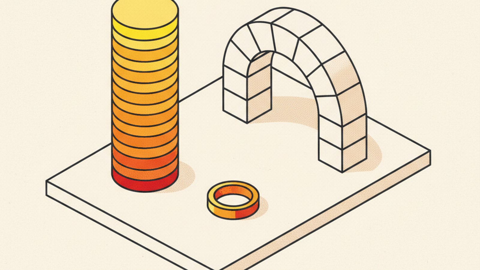 A pale-stone slab holding a tall stack of discs shading from yellow to red beside a wide low arch of linked pale-stone blocks, with a small brass ring lying between them