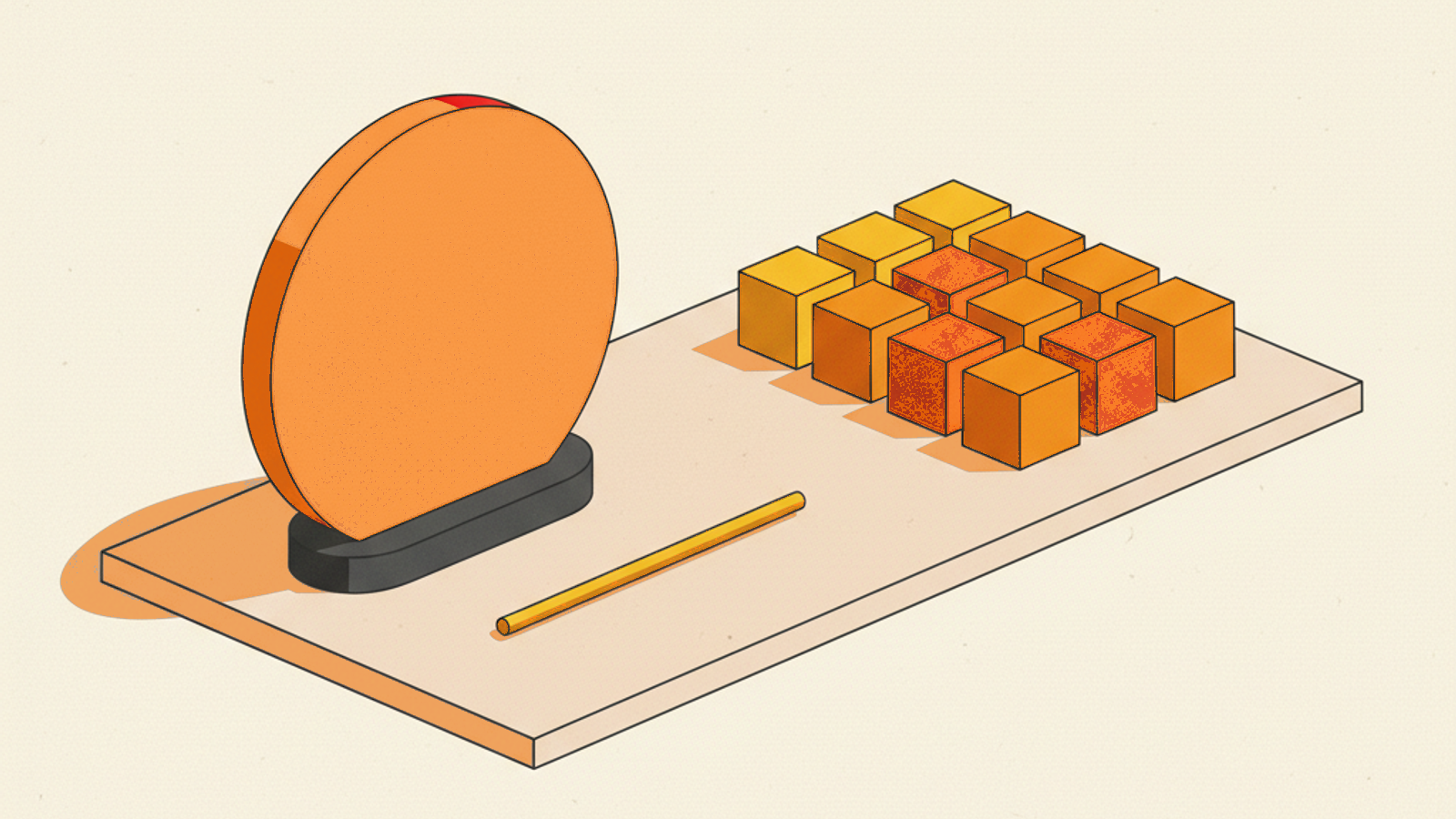 A large orange disc standing upright in a dark stand beside a neat grid of small yellow and orange cubes, with a thin brass rod lying between them, on a pale-stone slab