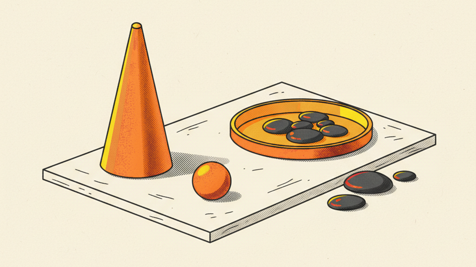 A tall orange cone beside a shallow orange tray of dark smooth stones, with a few more dark stones resting just outside it and a small orange sphere between them, on a pale-stone slab
