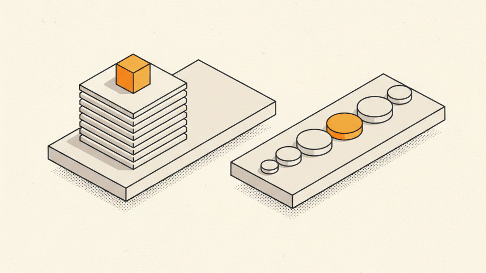 Two pale slabs: one holding a tall stack of eight blank sheets topped by a small amber cube, the other a row of seven blank discs of rising size with the fourth in amber