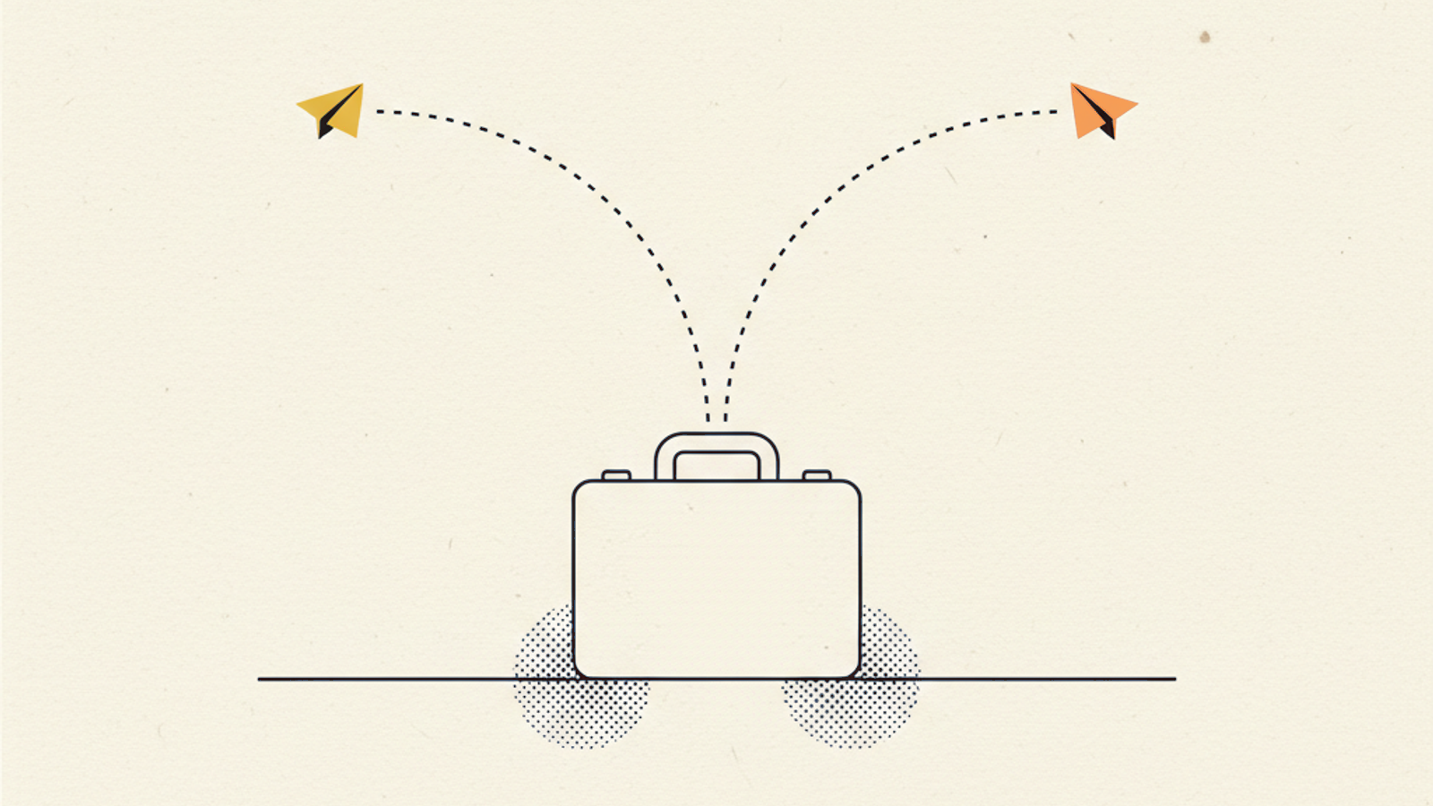 A slim outlined briefcase in the center with two thin dotted arcs converging on it from left and right, each arc carrying a small folded paper plane