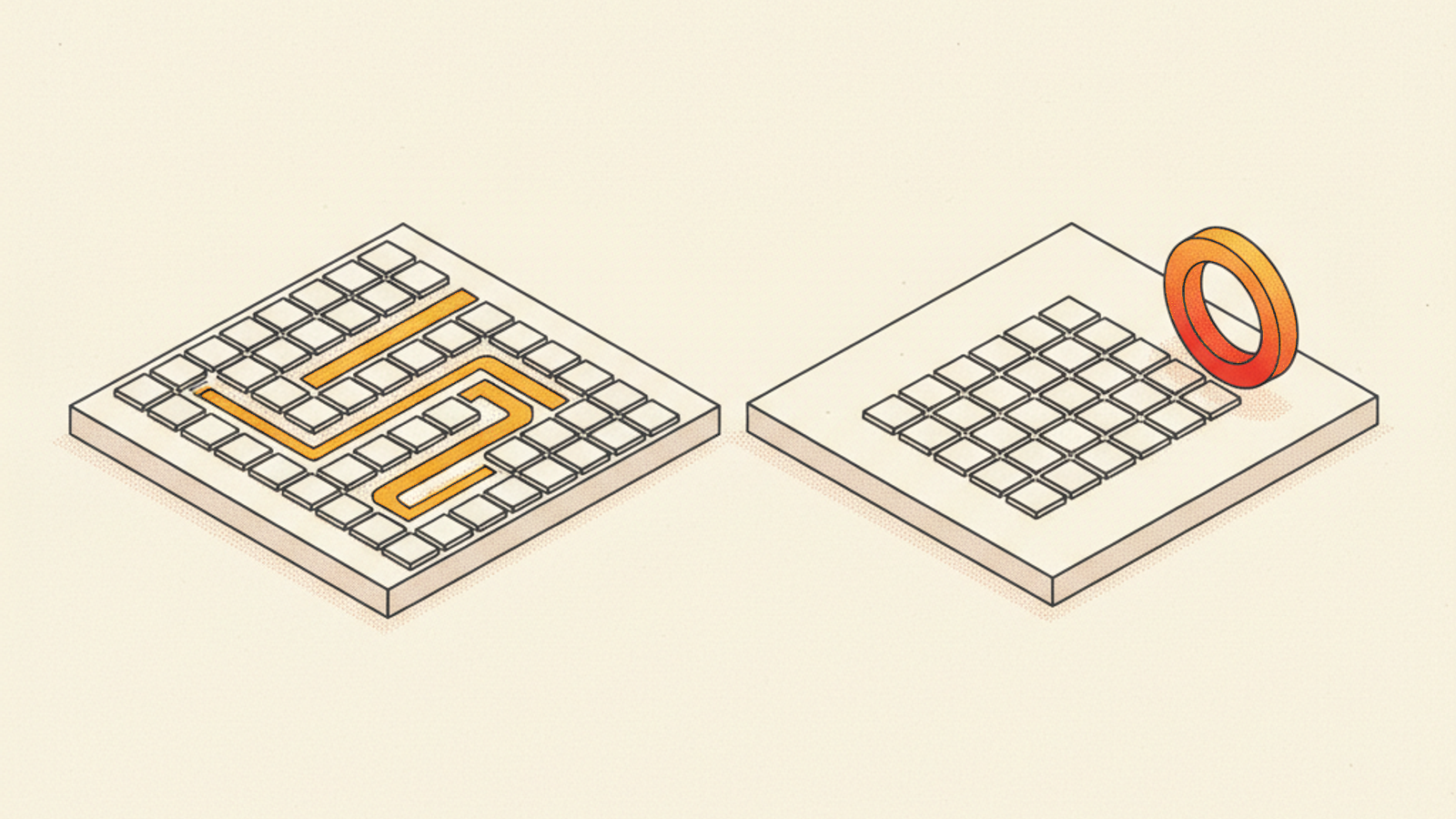 Two pale slabs: one with a wide grid of blank tiles crossed by a winding amber pathway, the other with a smaller grid of blank tiles and an upright amber ring