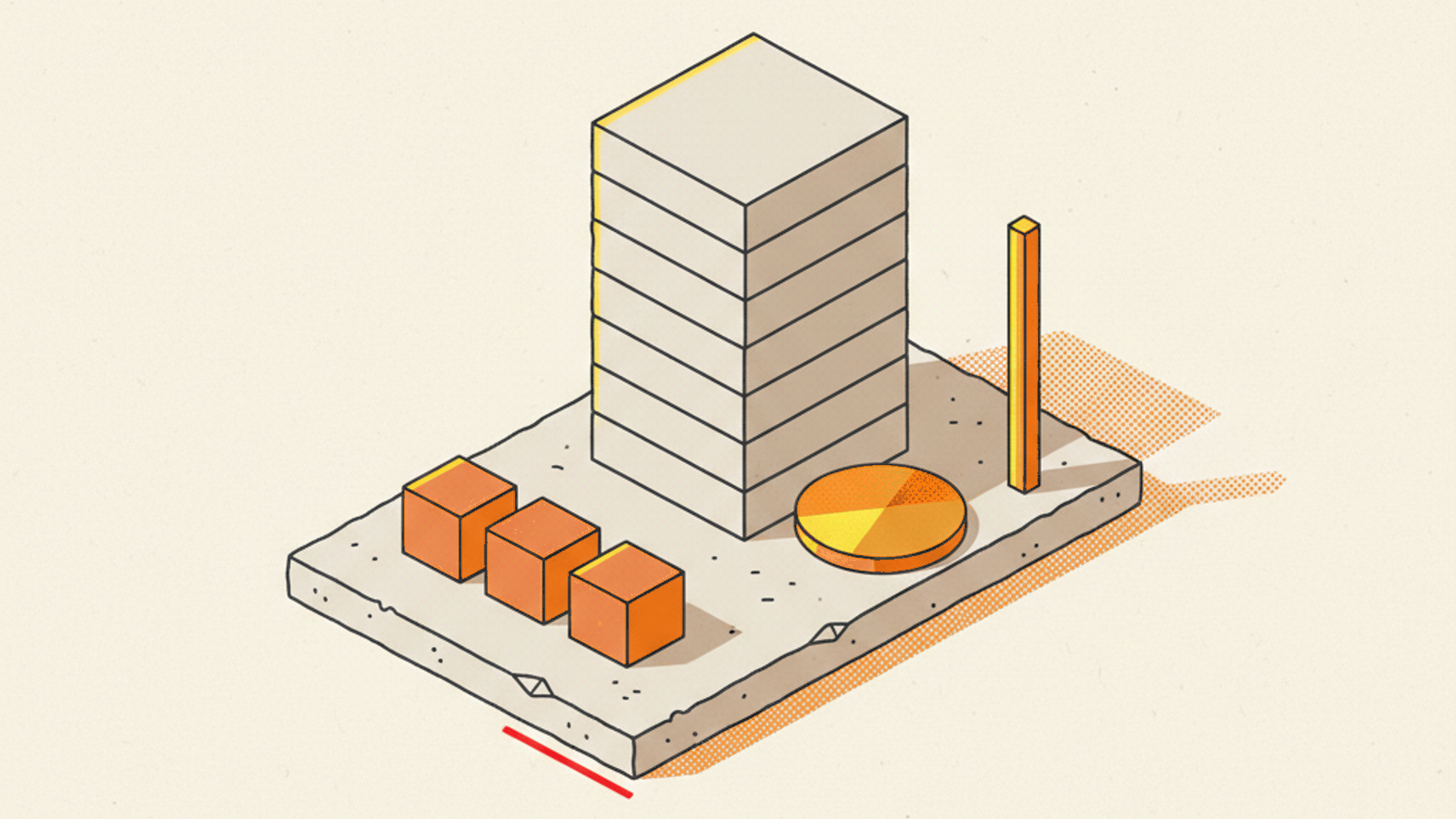 A pale-stone slab with a tall stack of blank layered tiles at the back, a row of three small terracotta cubes in front and one amber disc beside a thin upright brass rod