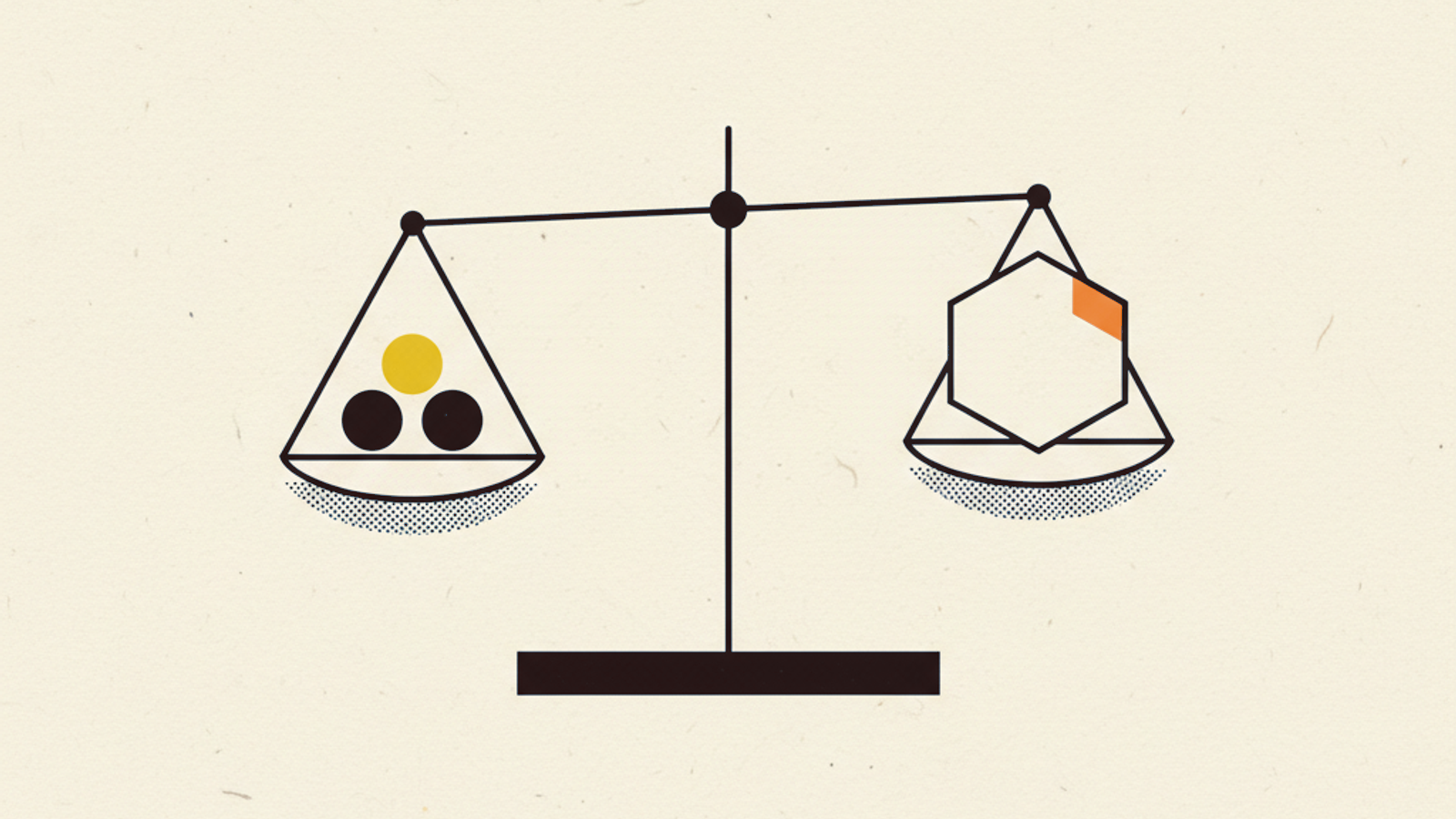 A balanced beam scale with a cluster of three small circles on one pan and a single larger hexagon on the other pan, on a plain background