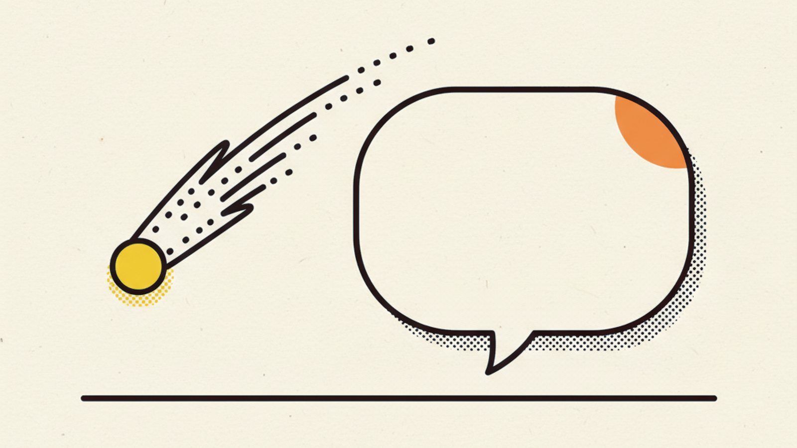 A thin-line comet with a long dotted tail sweeping toward a large outlined speech bubble, both above a flat baseline