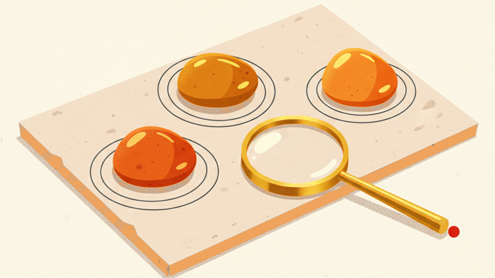 Three amber and orange pebbles each resting inside drawn rings on a pale-stone slab, with a brass magnifying glass lying beside them