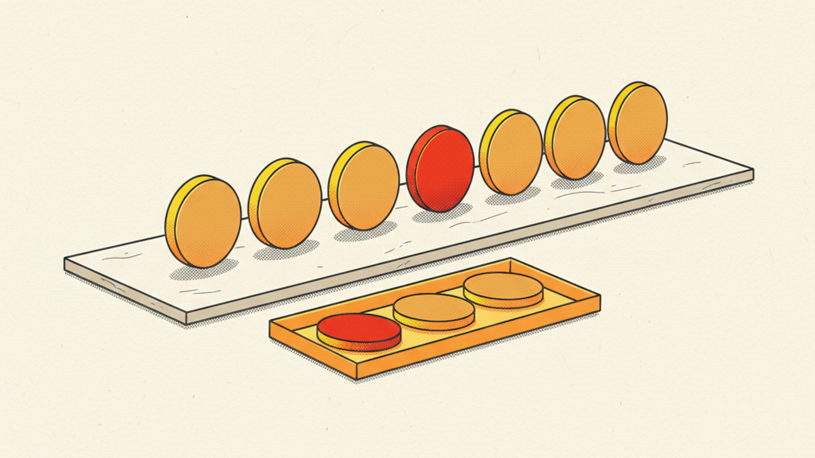 Seven small orange discs standing in a row on a pale-stone slab, one of them red, with three matching discs lying flat in a shallow amber tray in front of the row