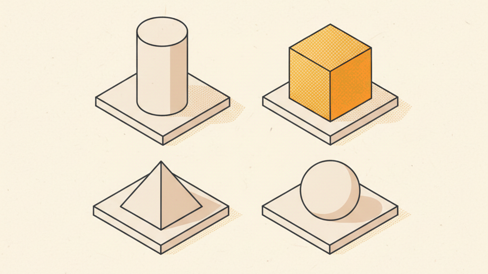 Four small pale slabs in a two-by-two grid, each holding one blank shape: a cylinder, an amber cube, a pyramid and a sphere
