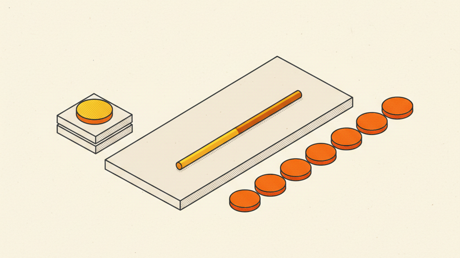 A long pale slab with a thin yellow and orange rod lying along its middle, a separate small stack of two blank tiles topped by an amber disc to its left, and a row of seven orange discs lying on the paper along the slab's front edge