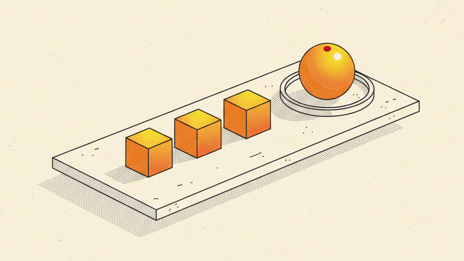 Three orange cubes in a row on a pale-stone slab, with an orange sphere resting in a round tray at the end of the slab