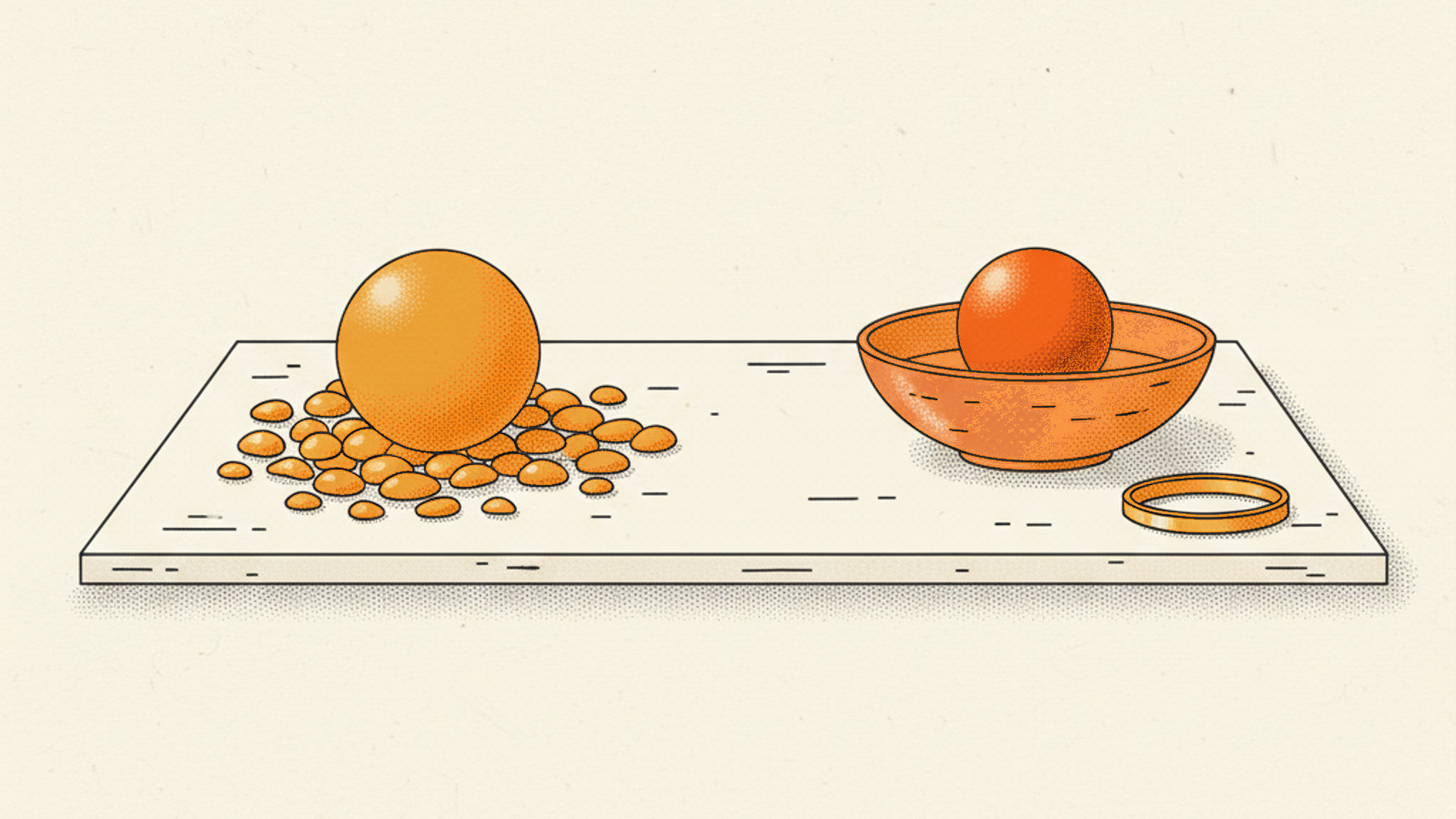 An amber sphere resting among many small amber pebbles beside a terracotta bowl holding one orange sphere, with a thin brass ring nearby, on a pale-stone slab