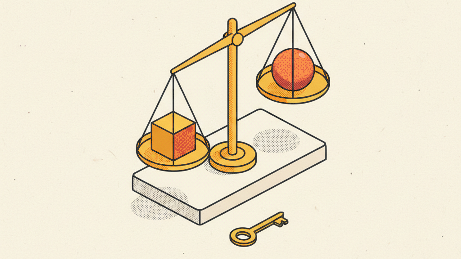 A brass balance scale on a pale-stone slab with a slightly tilted beam, one pan holding an amber cube and the other a terracotta sphere, and a small brass key lying below the slab