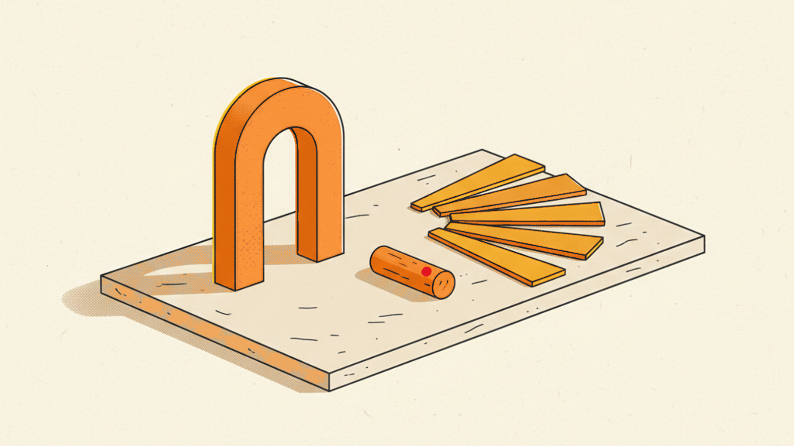 A smooth orange arch standing upright beside a fan of five thin yellow tiles, with a small orange peg marked by a red dot lying between them, on a pale-stone slab