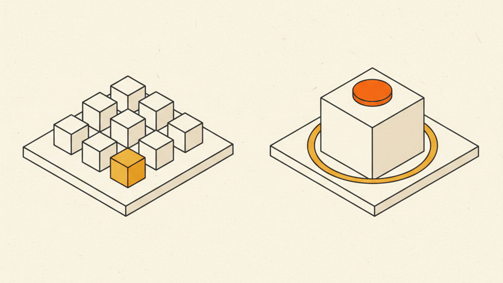 Two pale slabs: on the left a grid of nine blank cubes with one amber cube, on the right a single large blank cube with an orange disc on top and an amber ring around its base