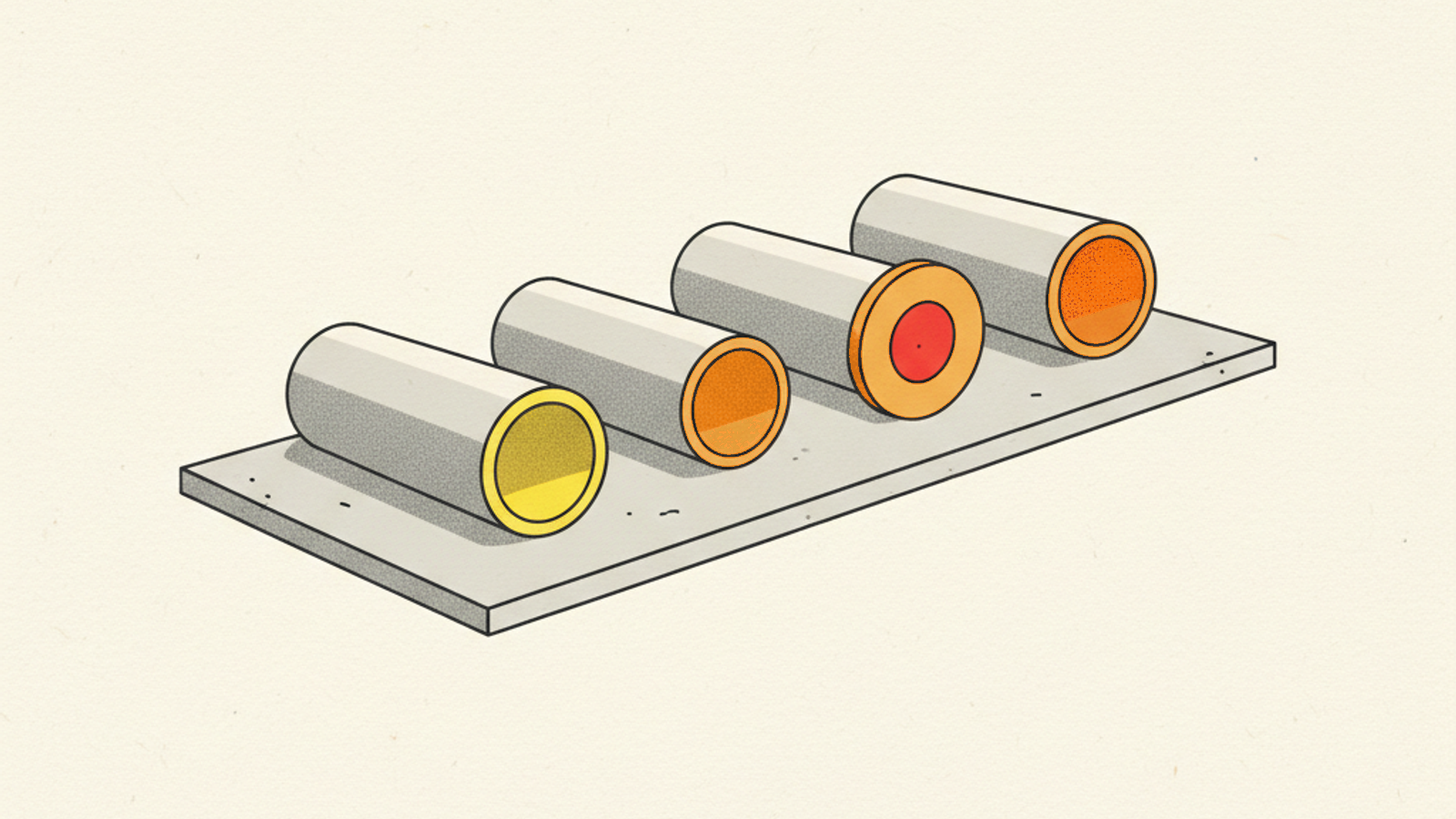Four matching pale-grey cylinders lying in a row on a thin slab, their round ends showing a yellow ring, an amber opening, a flat amber disc with a red centre and an orange opening
