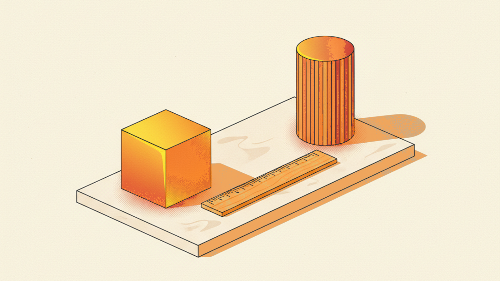 An amber cube and a ribbed orange cylinder standing apart on a pale-stone slab, with a plain wooden ruler lying flat between them