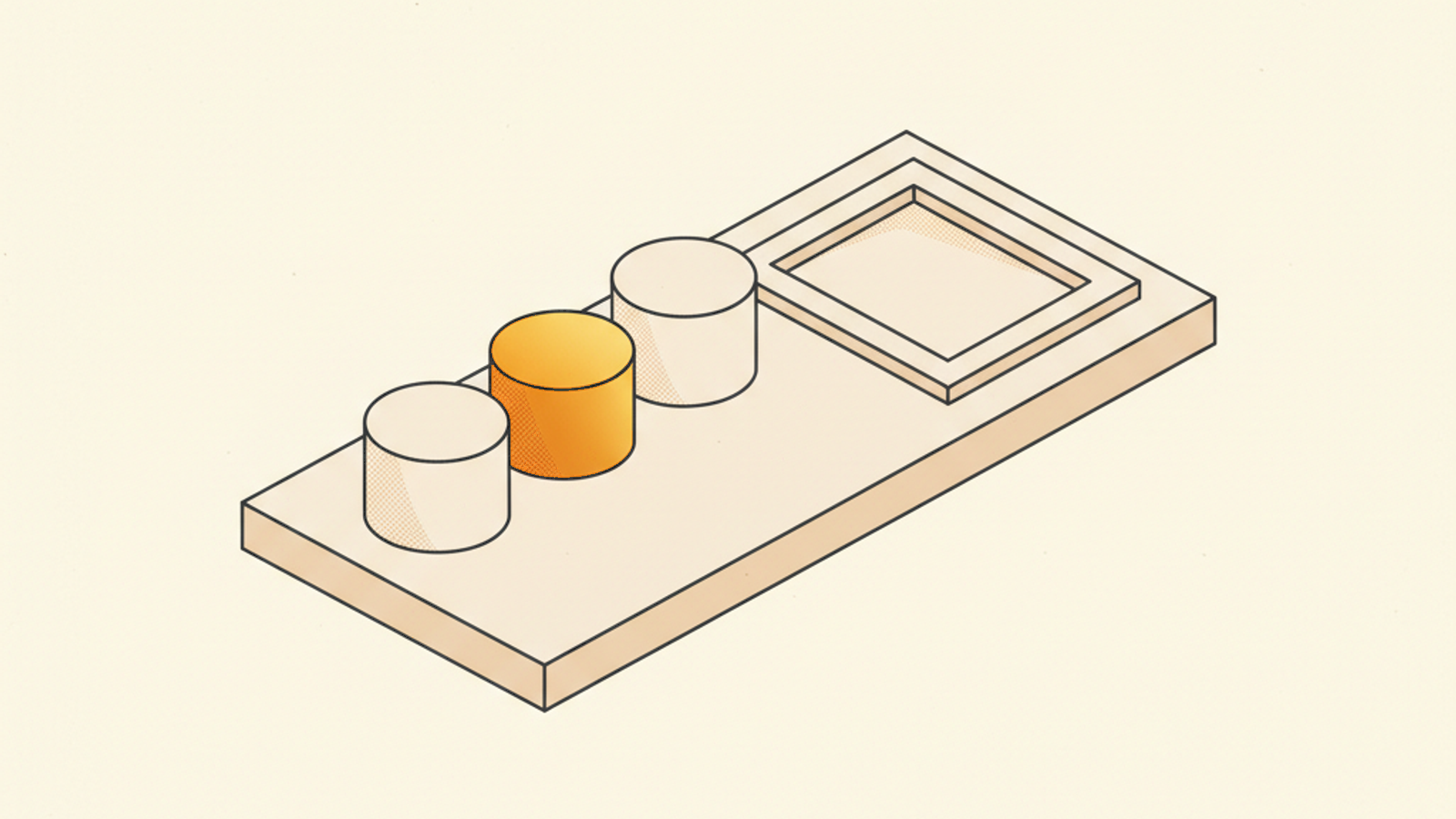 A pale slab with a row of three blank round discs at the left, the middle disc amber, and a plain blank square frame at the right