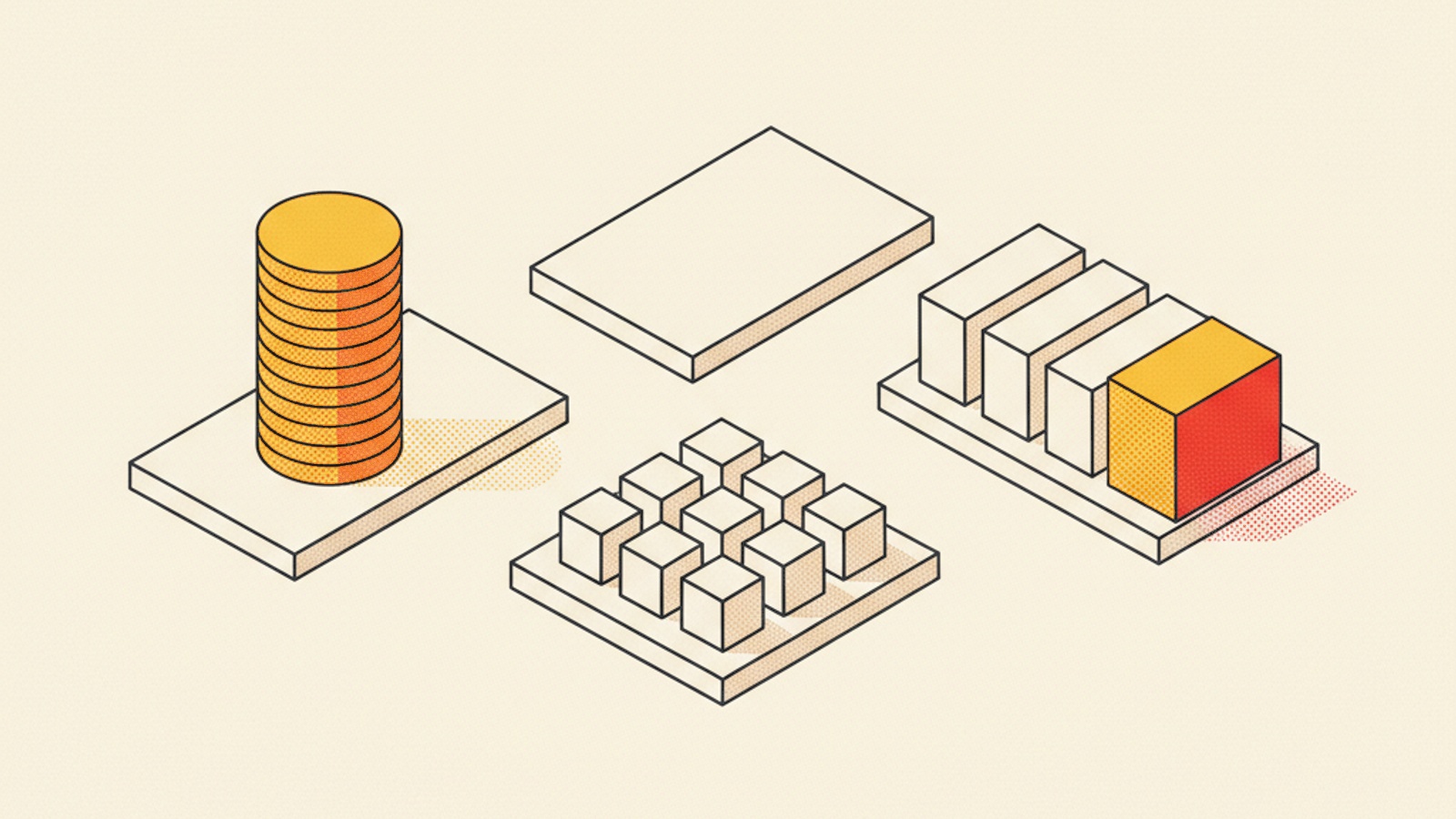 Pale slabs holding a tall stack of amber round tokens, a grid of nine blank cubes and three blank blocks beside one amber block, with one empty slab in the middle