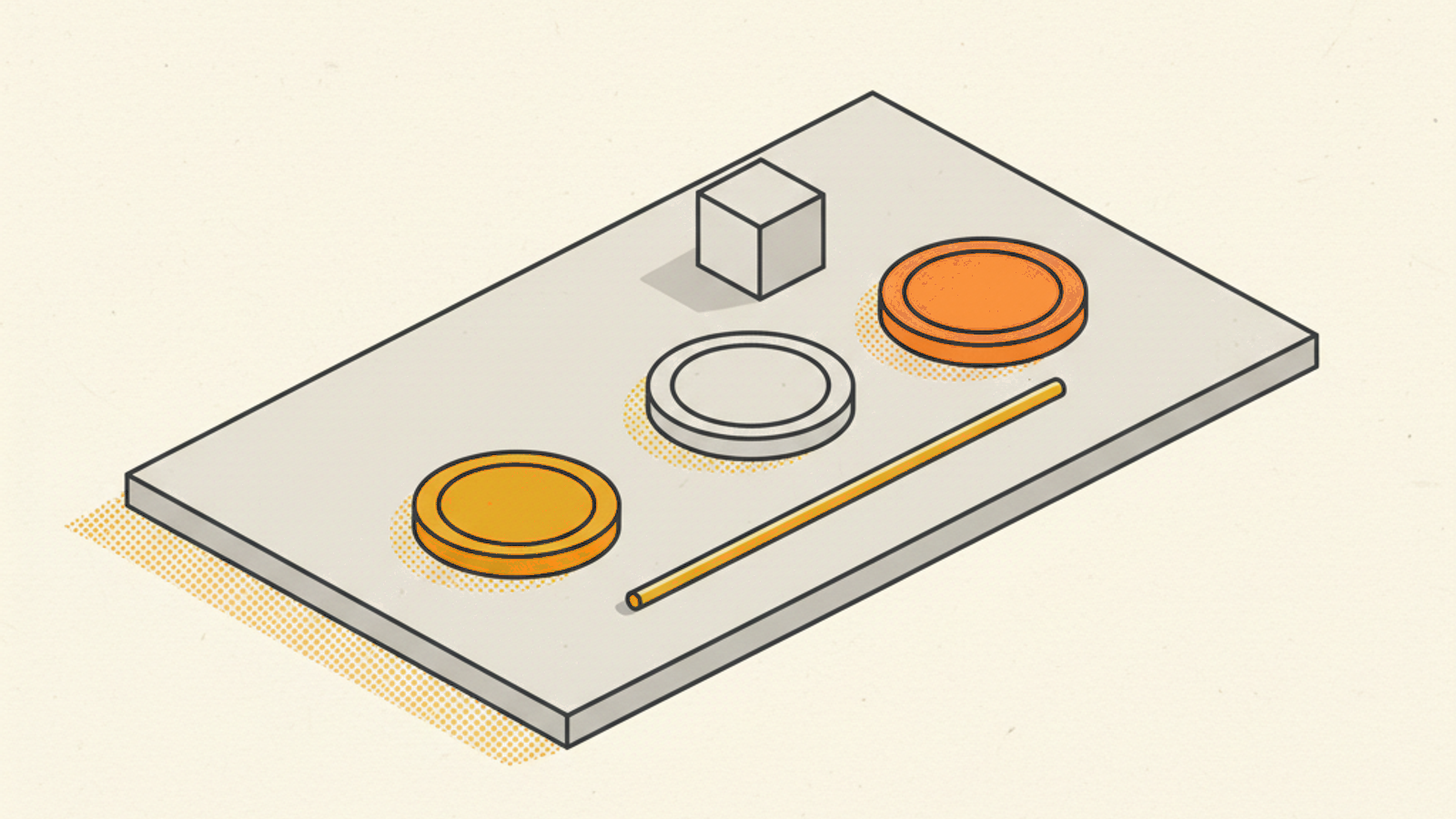 A pale slab holding three round tokens in a diagonal row, amber, pale and orange, with a thin amber rod in front of them and a small blank pale cube behind the middle token