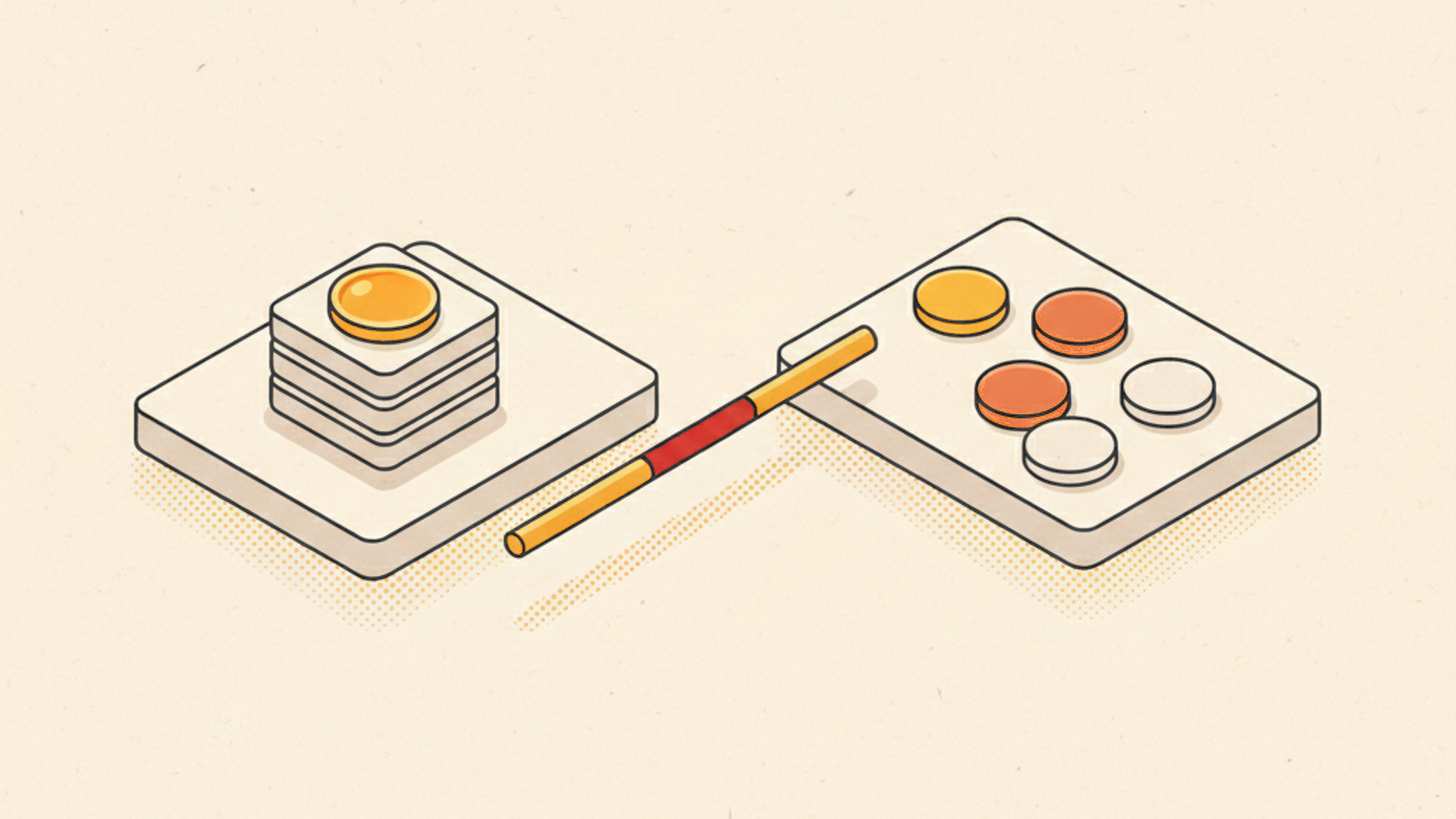 Two pale slabs with a gap between them, a stack of four blank tiles topped by an amber disc on the left, five round tokens in amber, orange and blank pale on the right, and a thin amber rod with a red band lying across the gap