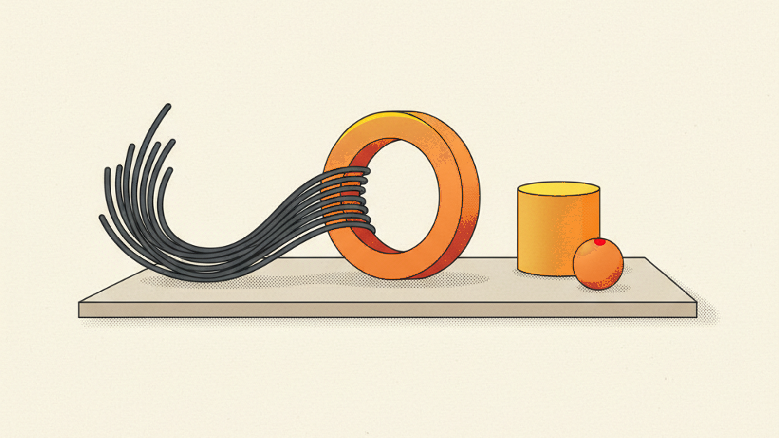 A loose bundle of thin dark threads curving into one orange ring, with a short orange cylinder and a small orange sphere beside it, on a pale-stone slab
